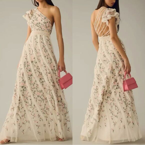New Anthropologie Mac Duggal floral strappy one shoulder beaded embroidered gown - Picture 1 of 13